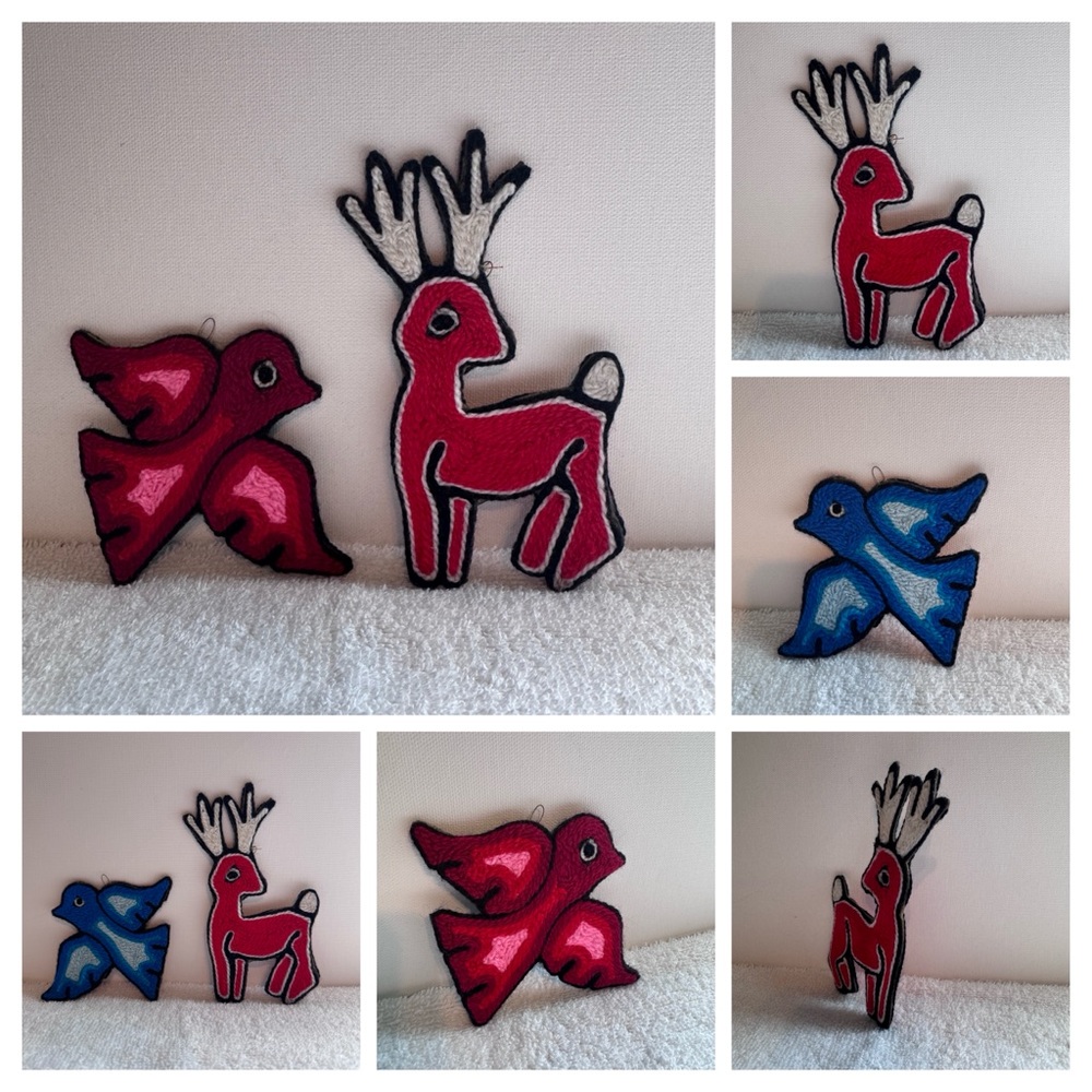 Vintage Yarn Ornaments 1950's Huichol Mexican Folk Art Set of Deer & Dove